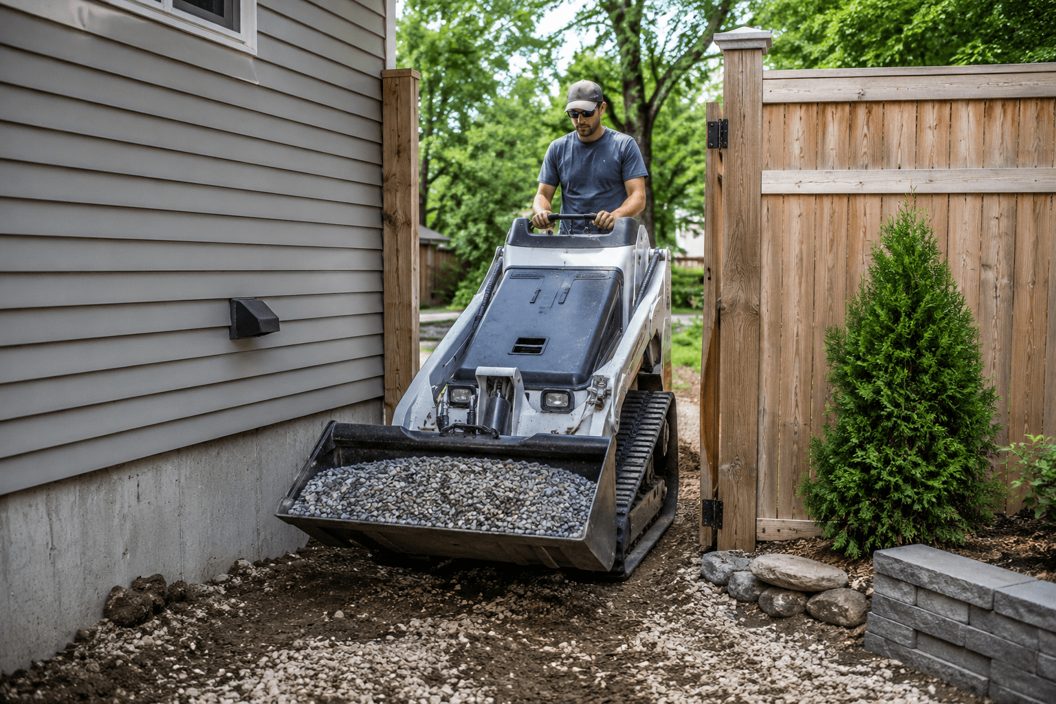 Mini skidsteer operating in a tight access doing landscape work in Maine.