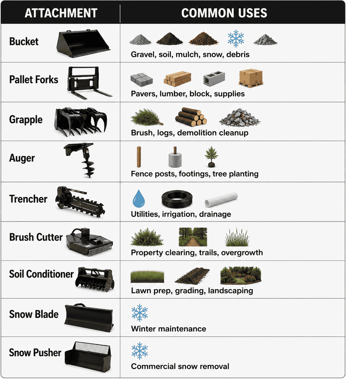 a skid steer attachment guide that is best for which task. 