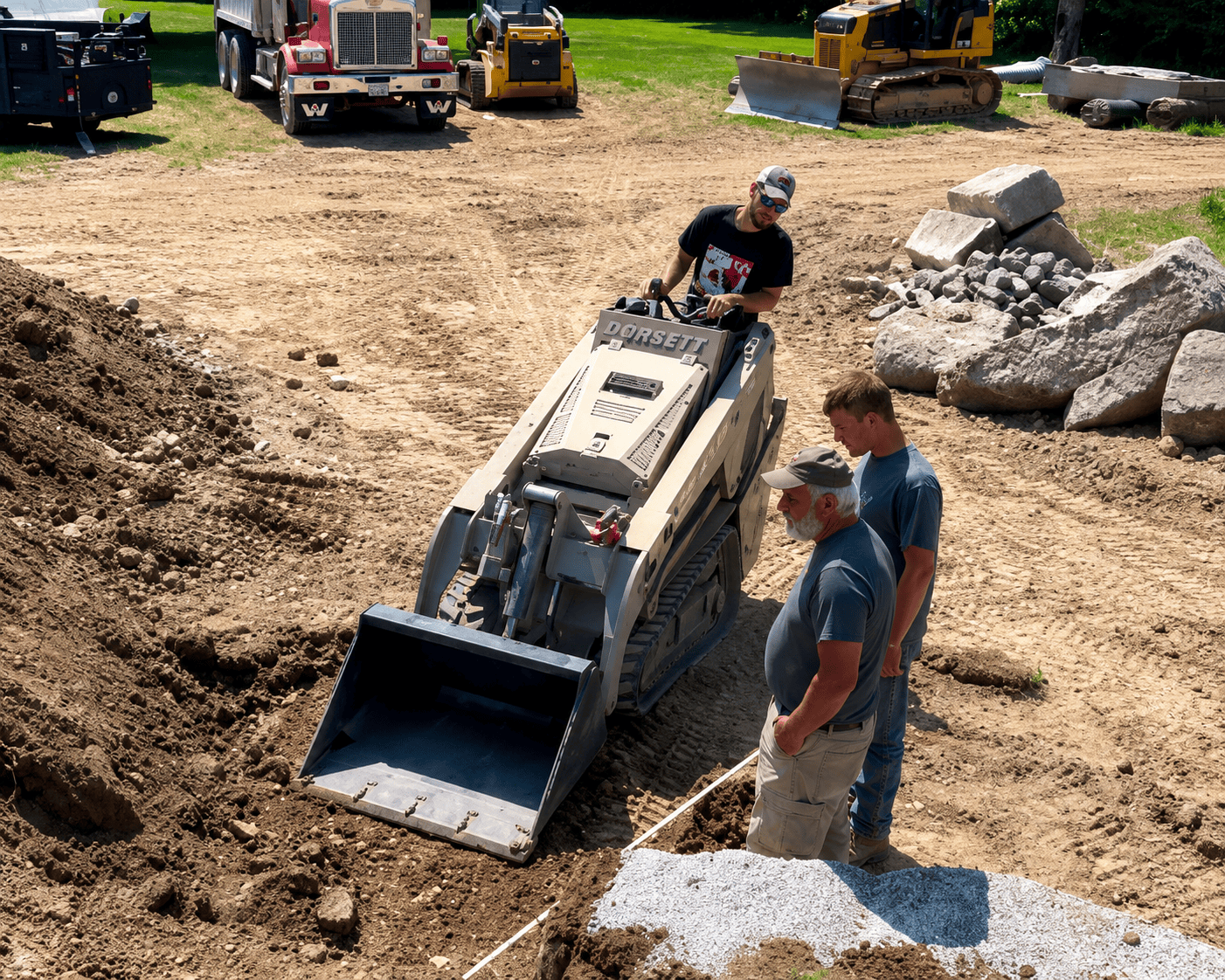 v1000 being used in a construction site to build the layers of a stone walkway.