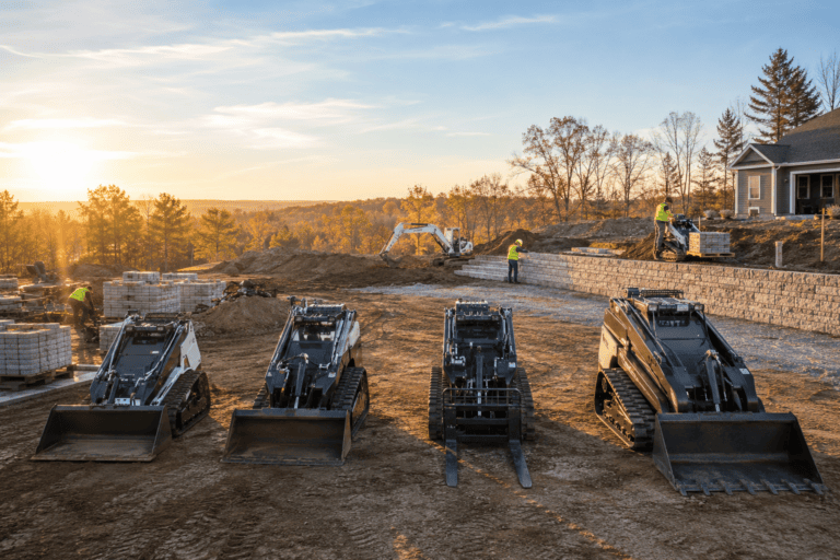 image of 4 different minskid machines lined up with different attachments