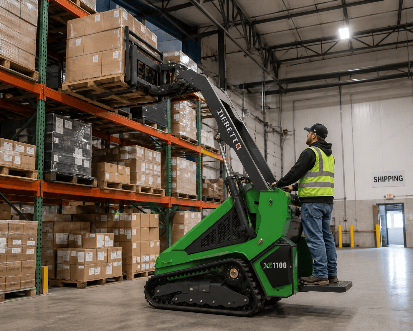 miniskid xc1100 with fork attachment being used in a warehouse with track attachment.
