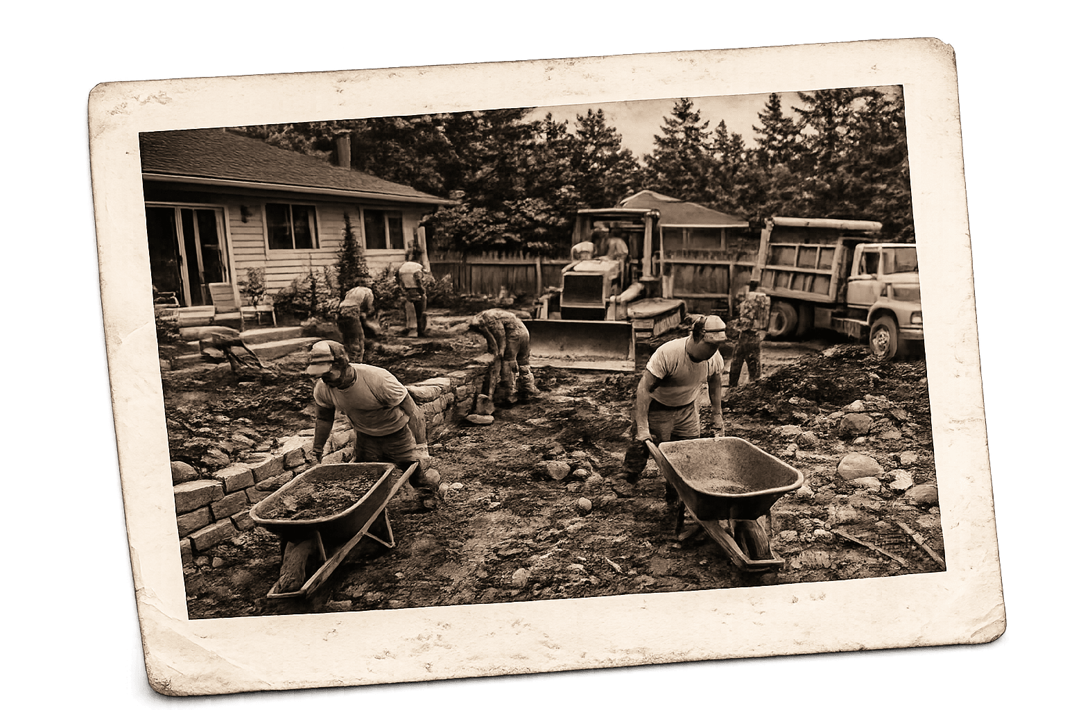 a construction site image done is sepia tones showing construction workers using wheel barrows and heavy equipment that can't get into tight areas,