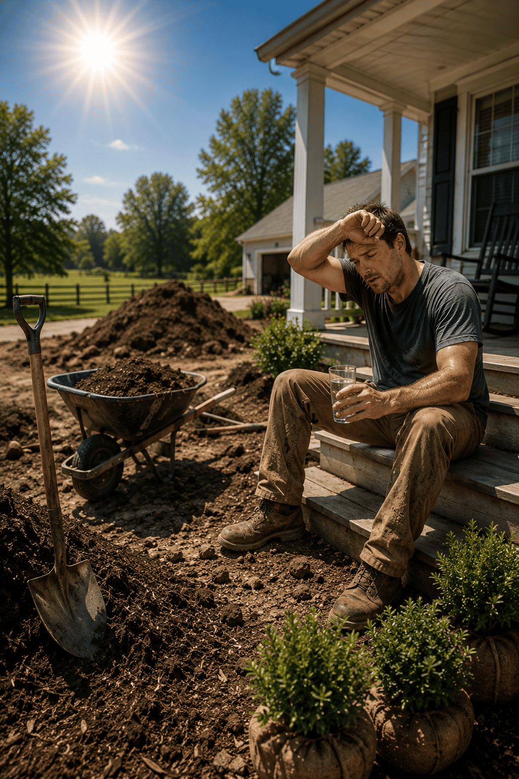 image of a homeowner sitting on a porch, hot and tired trying to do all his landscaping by hand.