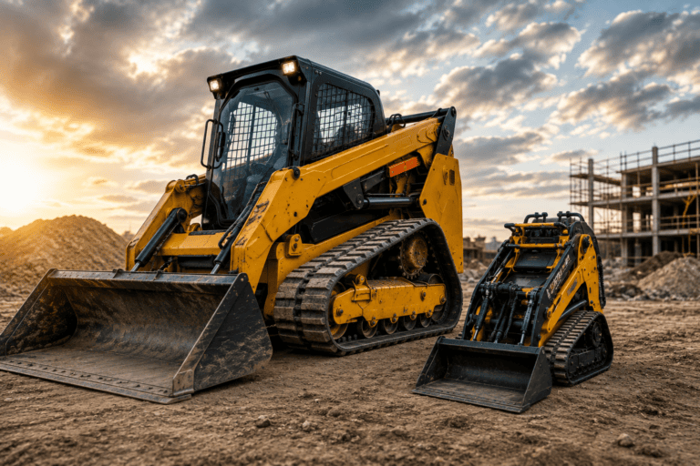 Large compact track loader and smaller tracked mini skid steer positioned side by side on a construction site, illustrating the size and footprint differences when choosing equipment for different workloads and jobsite conditions.
