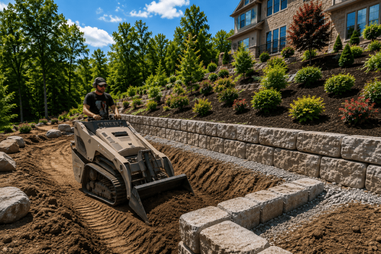 a landscaper is working on a slanted garden in a tight area with his v1000 transporting dirt and rock.