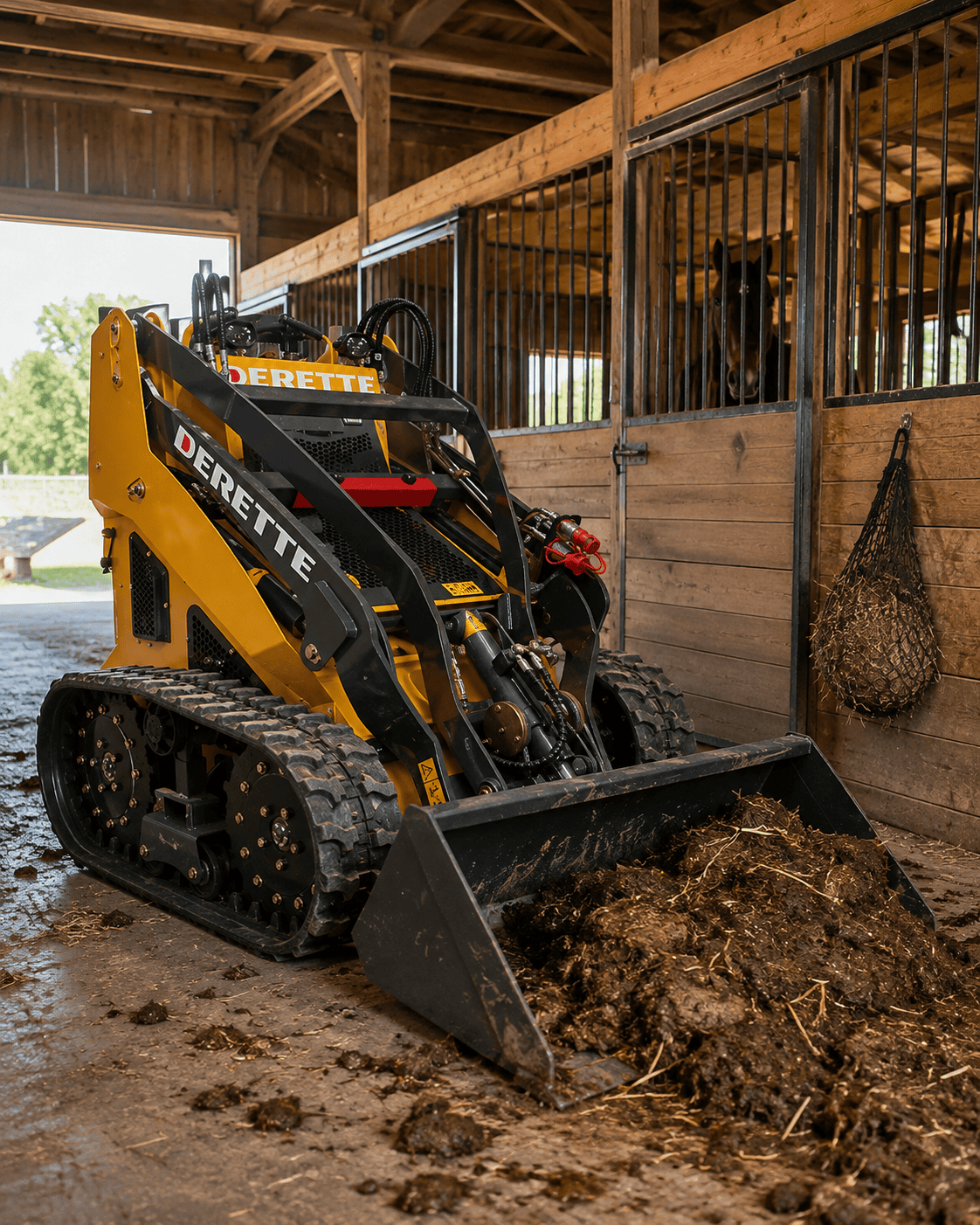 an image of a DR 480i being used in a barn to clean out a stall. 