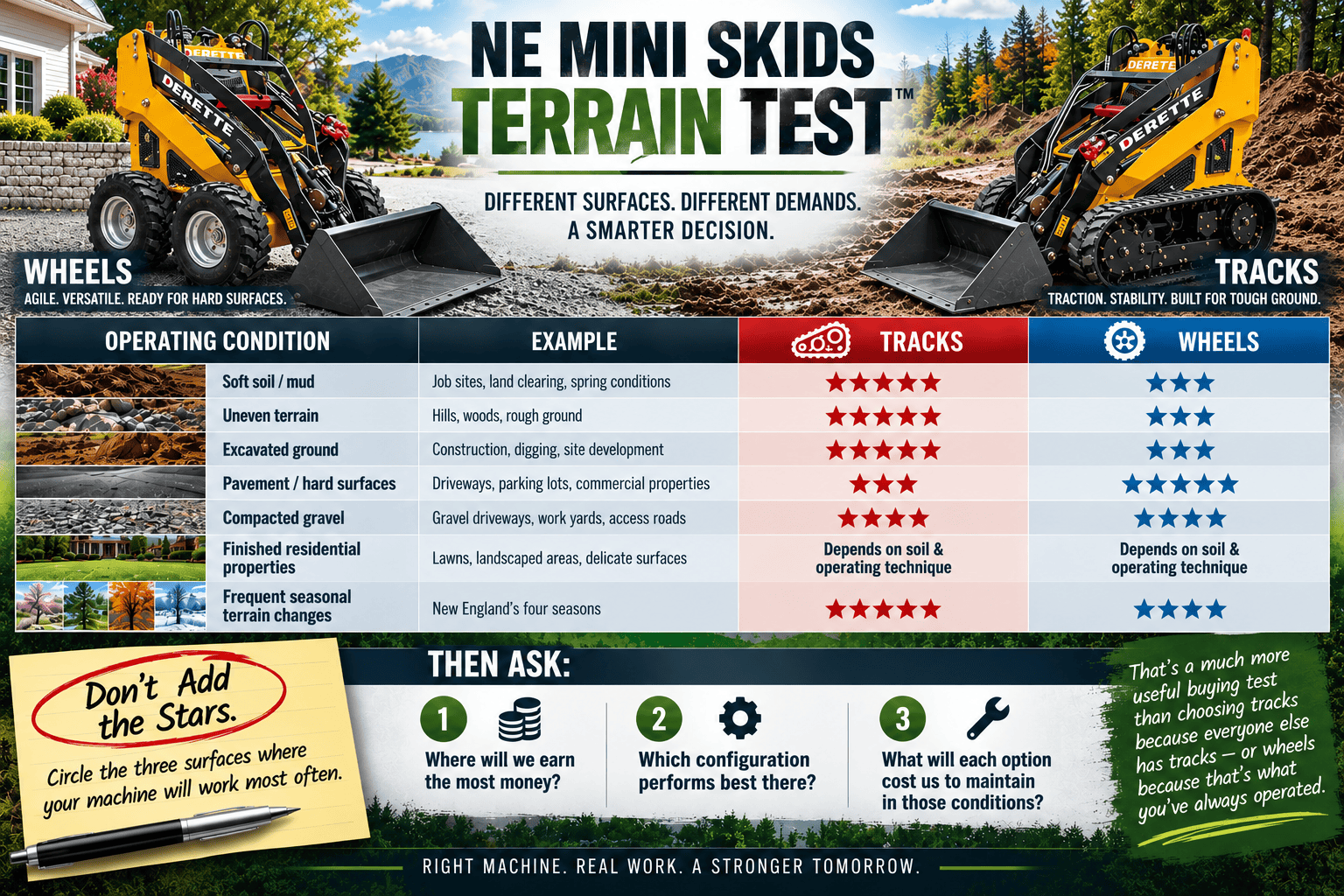 an infograph of a wheels vs tracks and specific operating conditions.